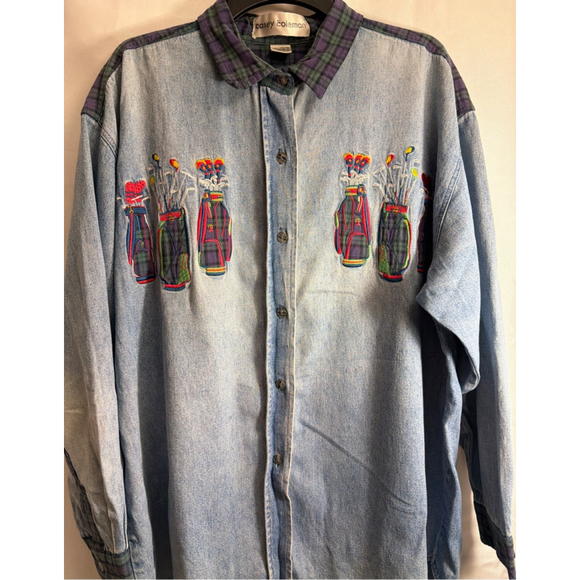 Casey Coleman Tops - Casey Coleman Vintage Denim Button Down Shirt Embroidered Appliqué Golf Plaid XL